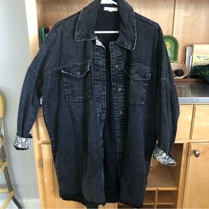 Shop Stevie black denim oversized tunic shirt snakeprint trim